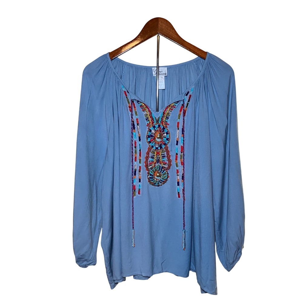 G Unit Fashions Blouse Women's 3X Blue  Beaded Boho Peasant Top With Tossel